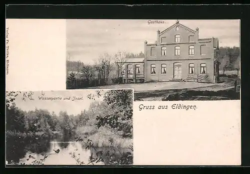 AK Eldingen, Gasthaus mit Wasserpartie und Insel