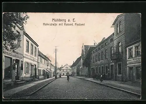 AK Mühlberg a. E., Hohestrasse mit Kaiserl. Postamt