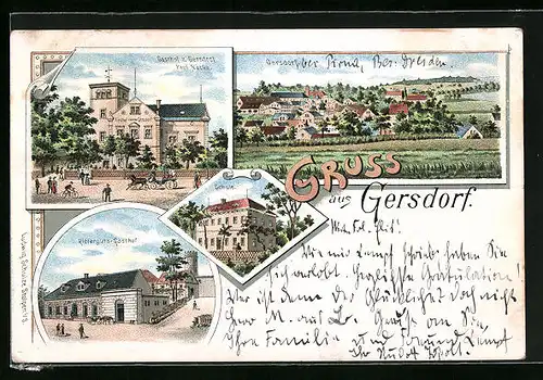 Lithographie Gersdorf, Gasthaus und Rittergut, Schule, Totalansicht