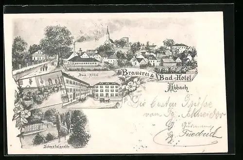 Künstler-AK Abbach, Brauerei und Bad-Hotel, Schwefelquelle, Totalansicht