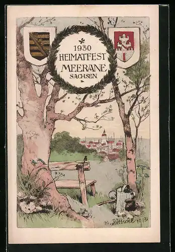 Künstler-AK Meerane, Heimatfest 1930, Abgelegene Bank mit Blick auf den Ort, Wappen
