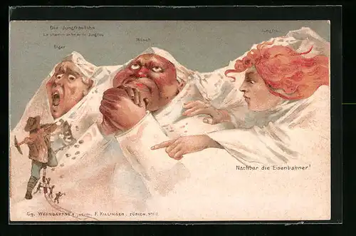 Künstler-AK F. Killinger Nr. 112: Die Jungfraubahn, Berg mit Gesicht / Berggesichter