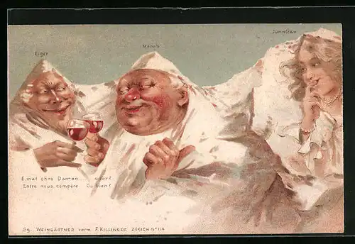 Künstler-AK F. Killinger Nr. 114: E` mal ohne Damen ... oder? Berg mit Gesicht / Berggesichter