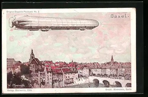Künstler-AK Basel, Zeppelin über Stadt, Kakao