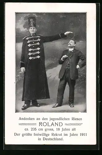 AK Andenken an den jugendlichen Riesen Roland, 18 Jahre alt, Der grösste freiwillige Rekrut 1911