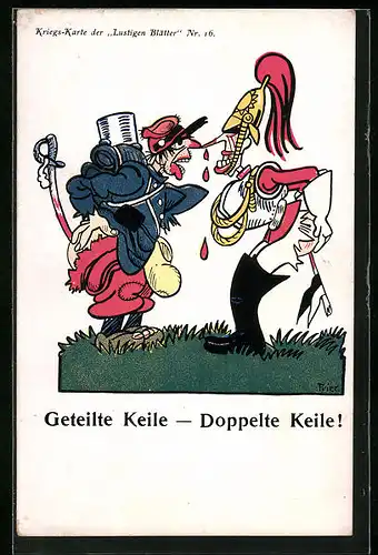Künstler-AK Walter Trier: Geteilte Keile-Doppelte Keile, Franzose und Engländer haben sich blutige Nasen geholt