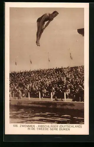 AK Amsterdam, Olympische Spiele 1928, Turmspringer Ribschläger im Wettkampf