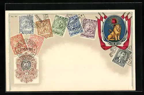 AK Peruanische Briefmarken und Wappen