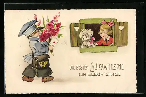 AK Briefträger bringt Blumen und Brief, Glückwunschkarte