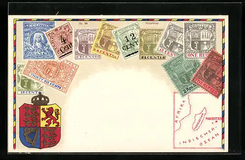 AK Briefmarken und Wappen von Mauritius