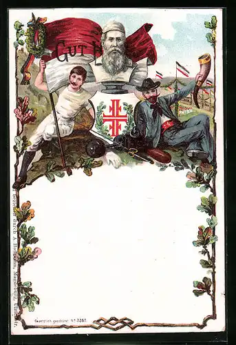 Lithographie Büste vom Turnvater Jahn mit Fahne Gut Heil!