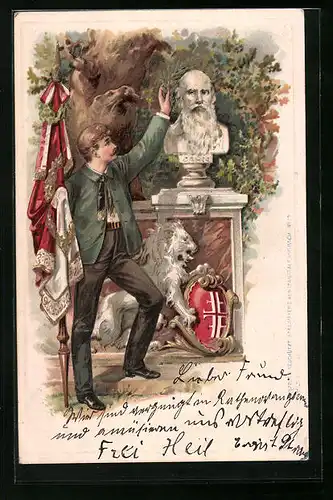 Präge-Lithographie Büste vom Turnvater Jahn mit Lorbeerkranz, Wappen mit Löwen