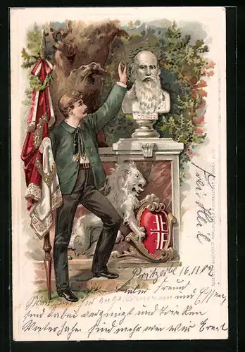 Präge-Lithographie Büste vom Turnvater Jahn mit Lorbeerkranz, Wappen mit Löwen