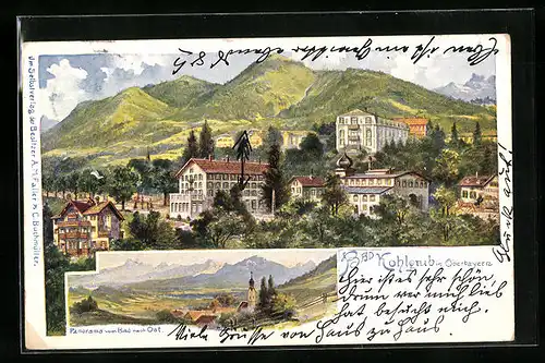 Lithographie Bad Kohlgrub, Ortspartie aus der Vogelschau, Panorama