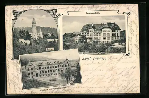 AK Lorch /Württbg., Kloster, Genesungsheim, Schulhaus mit Kriegerdenkmal