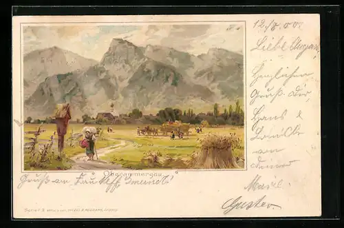 Lithographie Oberammergau, Spaziergang auf dem Feldweg