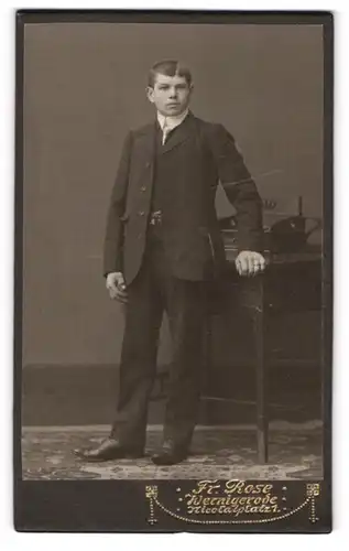 Fotografie Fr. Rose, Wernigerode, Nicolaiplatz 1, Junger Herr im Anzug mit Krawatte