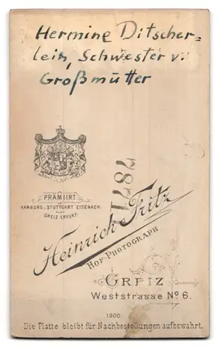 Fotografie Heinrich Fritz, Greiz, Weststr. 6, Hermine Ditscher mit Kragenbrosche und Medaillon
