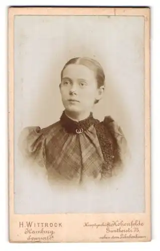 Fotografie H. Wittrock, Hamburg, Speersort 5, Junge Frau mit Puffärmeln und Persianerschal