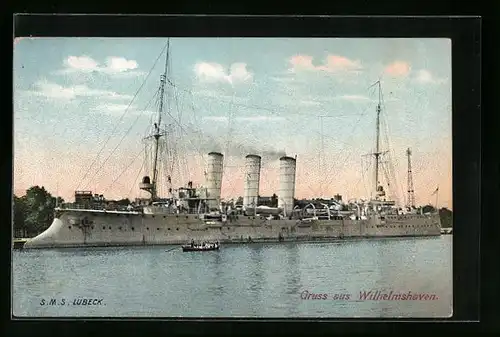 AK Wilhelmshaven, Kriegsschiff S.M.S. Lübeck vor Anker liegend