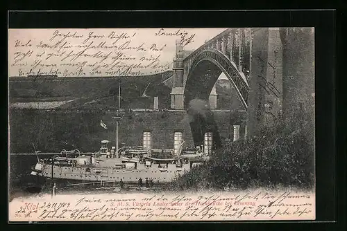 AK Kiel, Kriegsschiff S.M.S. Victoria-Louise unter der Hochbrücke bei Levensau