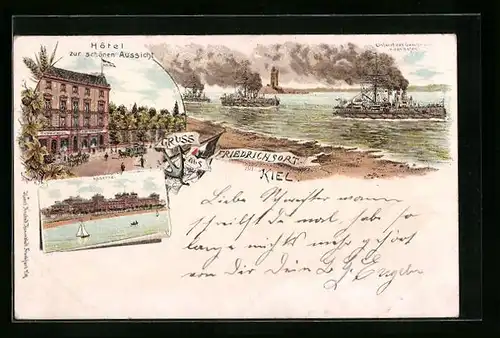 Lithographie Kiel, Hotel zur schönen Aussicht, Einfahrt des Geschwaders in den Kriegshafen, Kaserne