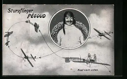 AK Sturzflieger Pégoud im Portrait, Flugzeug beim Fliegen einer Pirouette
