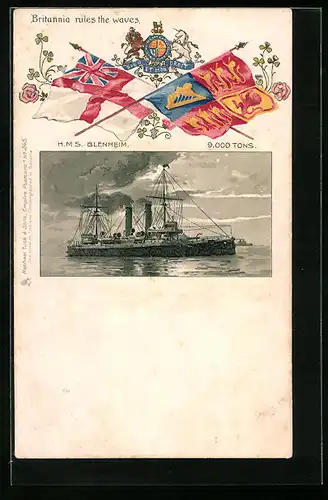 Präge-Lithographie Kriegsschiff H.M.S. Blenheim in der Gesamtansicht