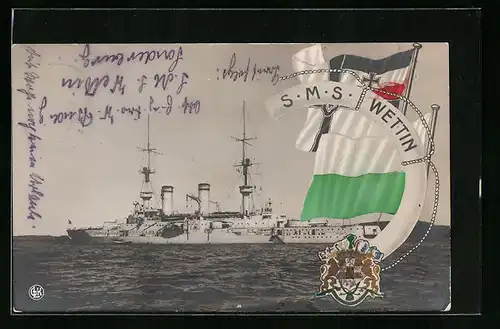 AK Kriegsschiff S. M. S. Wettin in voller Fahrt, Wappen