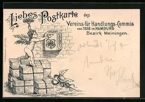 AK Meiningen, Liebes-Postkarte des Vereins für Handlungs-Commis 1858, Hermes mit Zepter und Flügelhelm