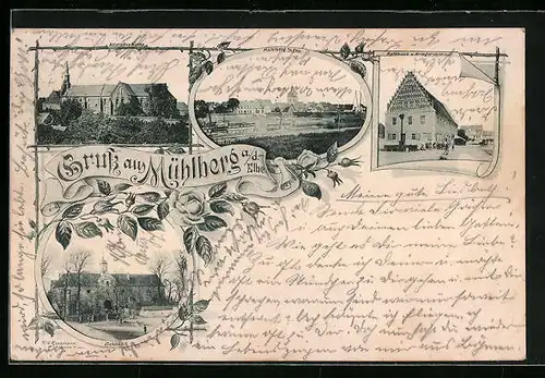 AK Mühlberg a. d. Elbe, Rathaus und Kriegerdenkmal, Schloss, Altstädter Kirche