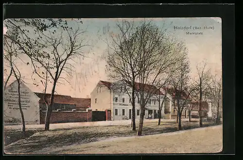 AK Holzdorf /Bez. Halle, Marktplatz mit Eisen-Lager und Geschäft von J. G. Lehmann