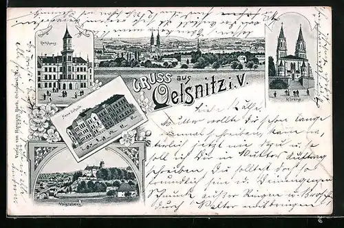 Lithographie Oelsnitz i. V., Rathaus, Neue Schule, Voigtsberg