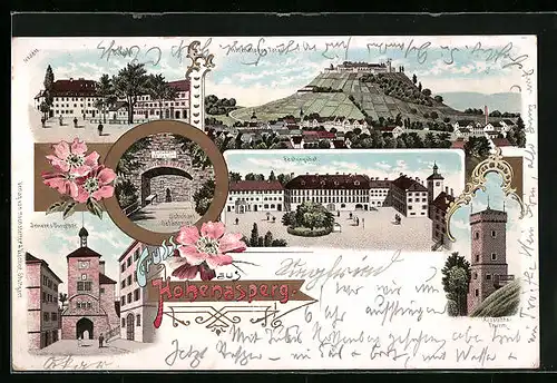 Lithographie Hohenasperg, Festungshof, Inneres Burgtor, Aussichtsturm