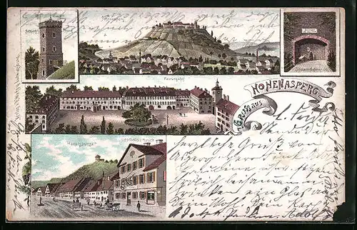 Lithographie Hohenasperg, Gasthaus zum Hirsch an der Hauptstrasse, Festungshof, Aussichtsturm