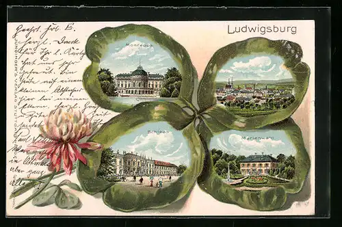 Passepartout-Lithographie Ludwigsburg, Monrepos, Schloss und Marienwahl im Kleeblatt