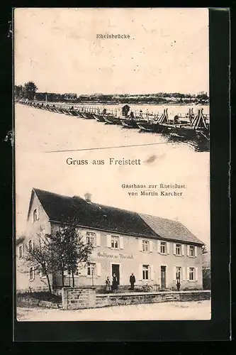 AK Freistett, Gasthaus zur Rheinlust von Martin Karcher, Rheinbrücke