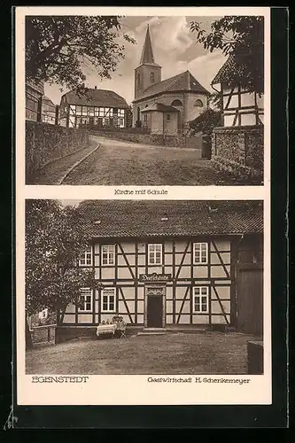 AK Egenstedt, Gasthaus von H. Schenkemeyer, Kirche mit Schule