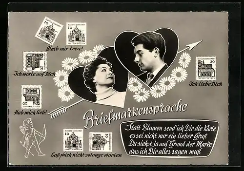 AK Liebespaar und Amor nutzen die Briefmarkensprache