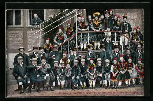 AK Schwälmer Brautpaar und Hochzeitsgäste in hessischer Tracht