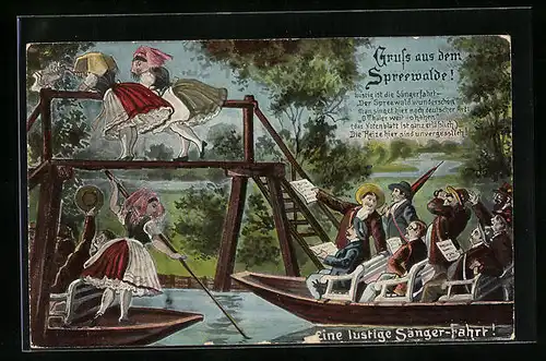 Künstler-AK Spreewälder Männer gucken den Frauen unter ihre Trachten-Röckchen