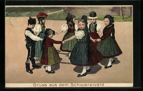 Präge-AK Kinder in Schwarzwälder Tracht im Singkreis