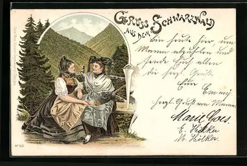 Lithographie Liebliche Frauen in Schwarzwälder Tracht