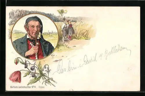 Lithographie Alter Herr und Kinder in Schwarzwälder Tracht