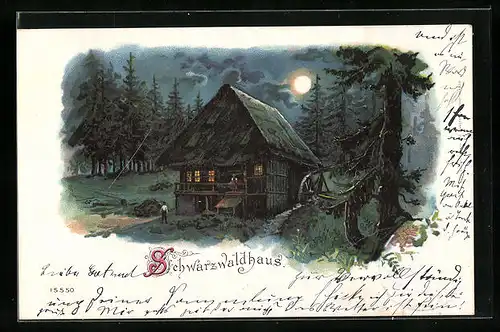 Lithographie Päärchen in Schwarzwälder Tracht bei Vollmond