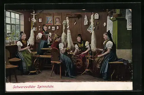 AK Schwarzwälderinnen in Spinnstube in Schwarzwälder Trachten