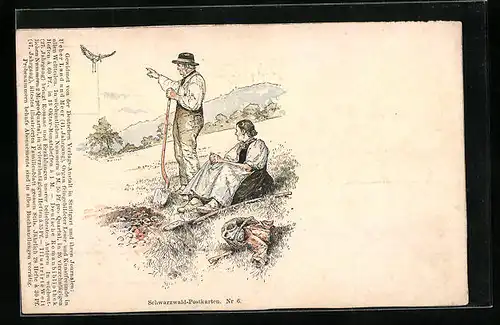 Künstler-AK Mann zeigt Frau in Schwarzwälder Tracht einen Storch