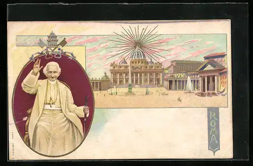Lithographie Rom, Papst Leo XIII. hebt segnend die Hand, Petersdom