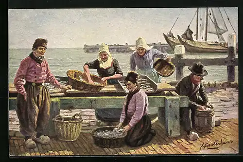 Künstler-AK Johan Georg Gerstenhauer: Hölländische Fischer mit Frauen beim Muschelsäubern