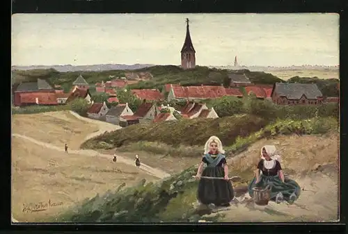 Künstler-AK Johan Georg Gerstenhauer: Zwei Mädchen mit Spaten und Korb vor ihrem Dorf